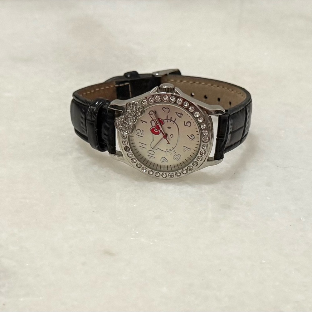 ✔️Sanrio Hello Kitty Silver Tone Rhinestone Watch Black Leather Band